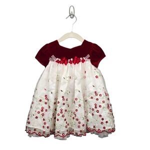 BONNIE BABY Velvet Embroidered Floral Holiday Dress‎ Red/White Baby Girl 18 M